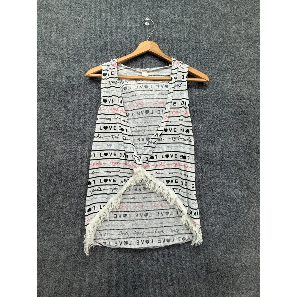 Self Esteem Vest Kids Large Gray Paris Heart Fringe Hooded Layering Top Boho Y2K